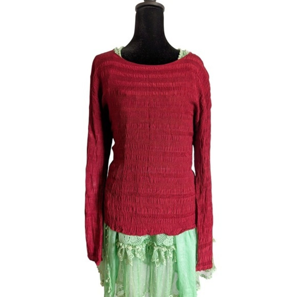 CP Shades Vintage 90s Lagenlook Elevated Layers Burgundy Ruched Long Sleeve Top
